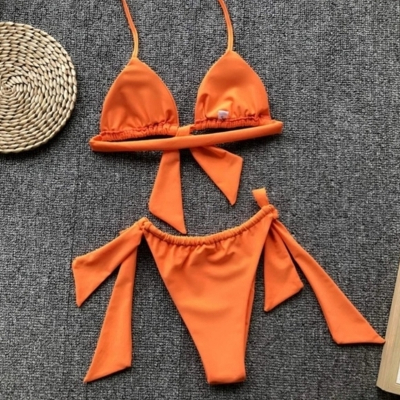 New Orange Slide Triangle Top and Slide Tie Bottom Bikini Set Swimsuit Size L - Picture 7 of 8